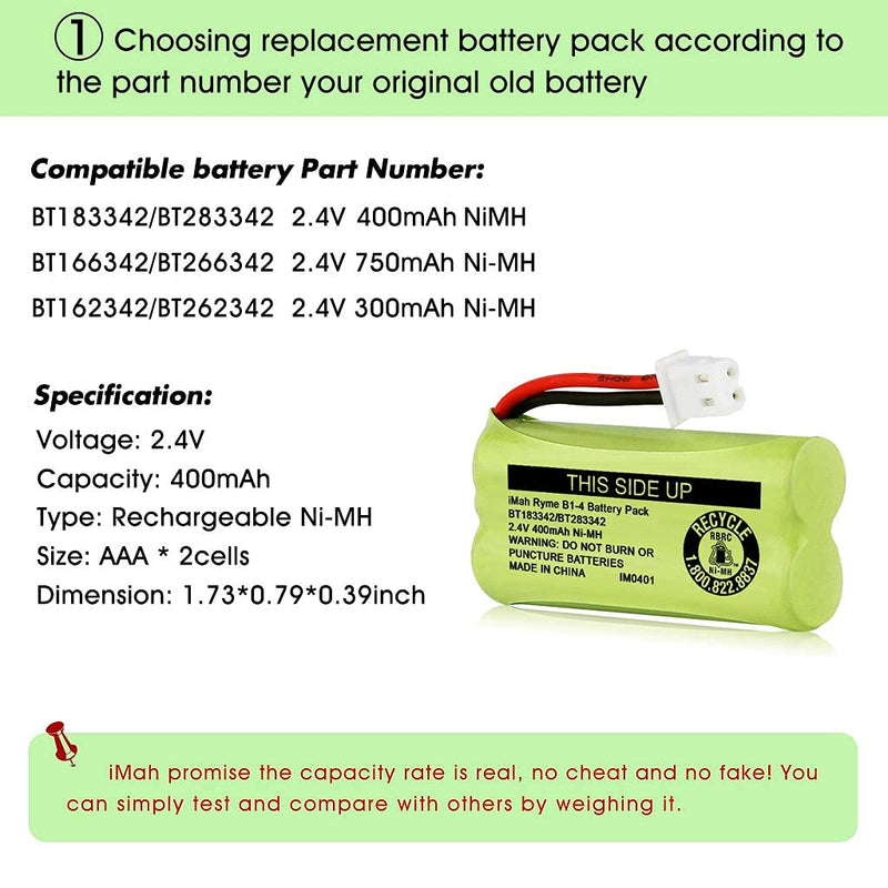 iMah BT183342/BT283342 2.4V 400mAh Ni-MH Battery Pack, Also Compatible with AT&T VTech Cordless Phone Batteries BT166342/BT266342 BT162342/BT262342 2SN-AAA40H-S-X2, Pack of 2