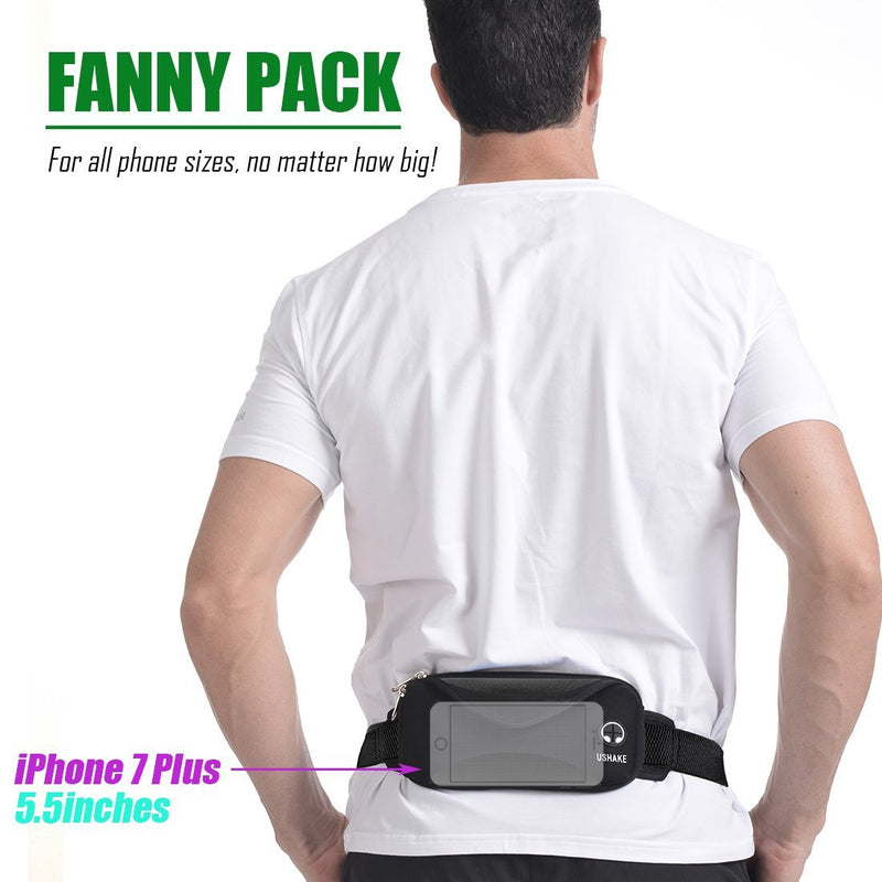 USHAKE Running Belt with Extender Belt, Bounce Free Pouch Bag, Fanny Pack Workout Belt Sports Waist Pack for Apple iPhone Samsung Note Galaxy in Running Walking Cycling-05BK