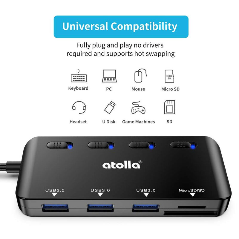 USB 3.0 HUB, atolla USB Hub with SD/Micro SD Card Reader, USB Splitter with 3 USB Ports, 2 Card Slots and Individual LED Power Switches Black