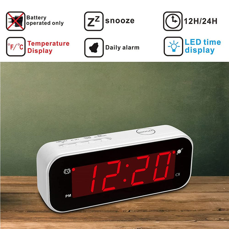 KWANWA Small Digital Alarm Clock for Travel with LED Temperature or Time Display Stays On,Battery Powered Only White