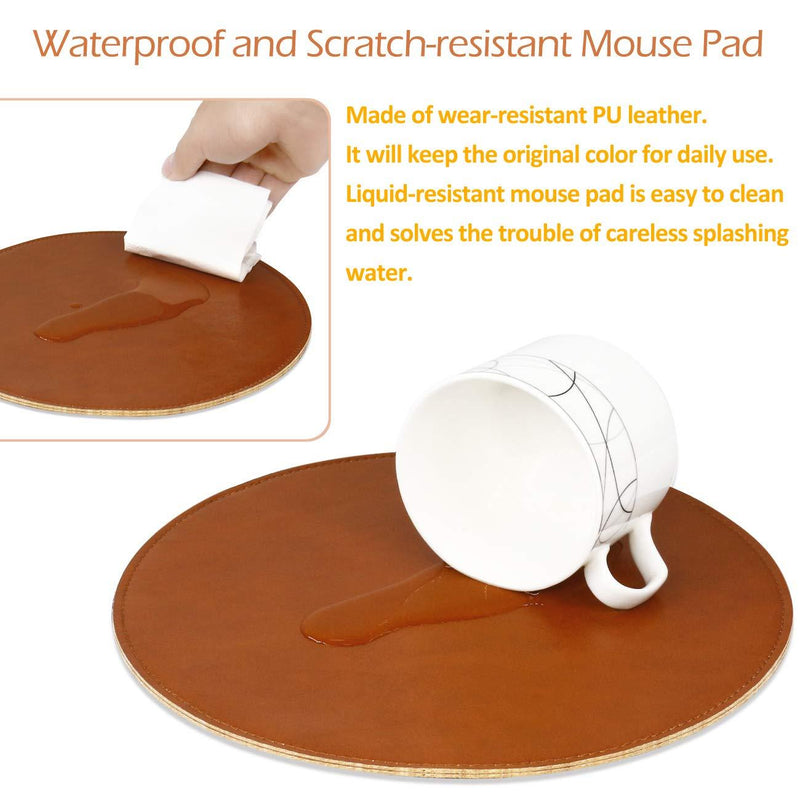 ProElife Premium Mouse Pad Mat Round PU Leather Mousepad for Home Office, for Magic Mouse/Surface Mouse and Wired/Wireless Bluetooth Mouse (Brown), Noiseless/Durable/Waterproof Surface PU leather-Brown