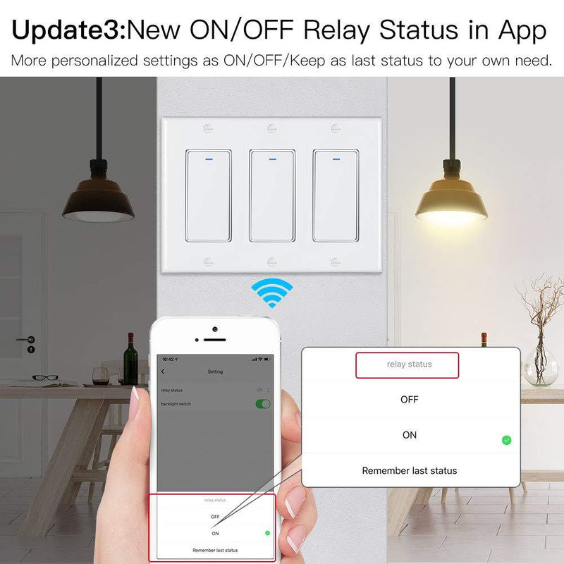 MoesGo WiFi Wall Push Button Smart Light Switch Smart Life Wireless Remote Control Single Pole or Multi-Control Association Voice Control with Alexa,Google Home White 3 Gan 3 Gang White Smart Switch