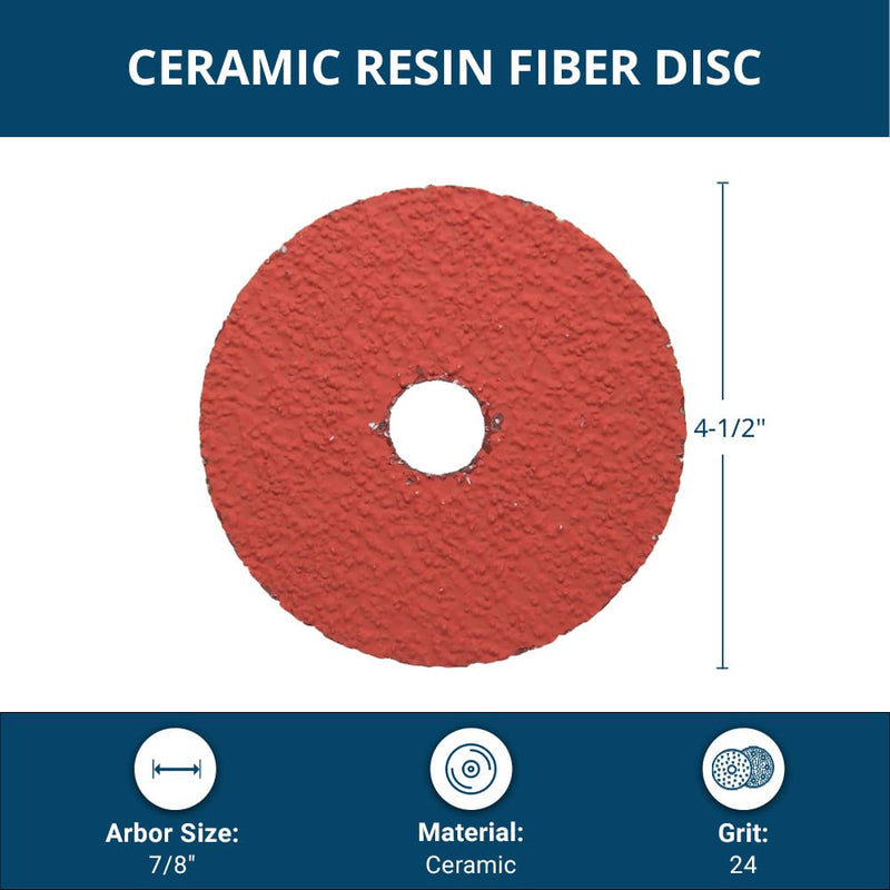 Benchmark Abrasives 4-1/2" Premium Ceramic Resin Fiber Discs with Double Resin Bond Technology 7/8" Arbor 24 Grit - 25 Pack