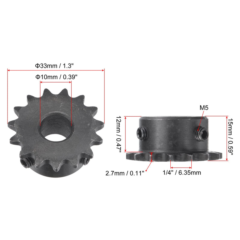 uxcell 15 Tooth Roller Sprocket B Type, 25 Chain, Single Strand 1/4" Pitch, 10mm Bore Black Oxide C45 Carbon Steel with Set Screws for ISO 04C