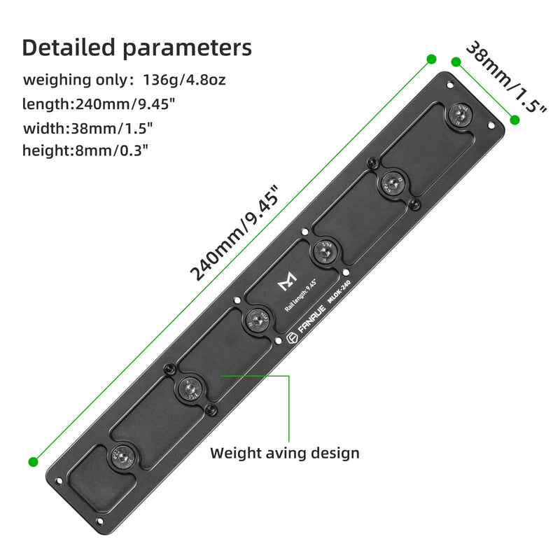 FANAUE MLok Arca Rail Tripod Mount Adapter Compatiable Arca-Swiss/RRS Dovetail Tripod Ballhead Quick Release Plate (MLOK-240) MLOK-240