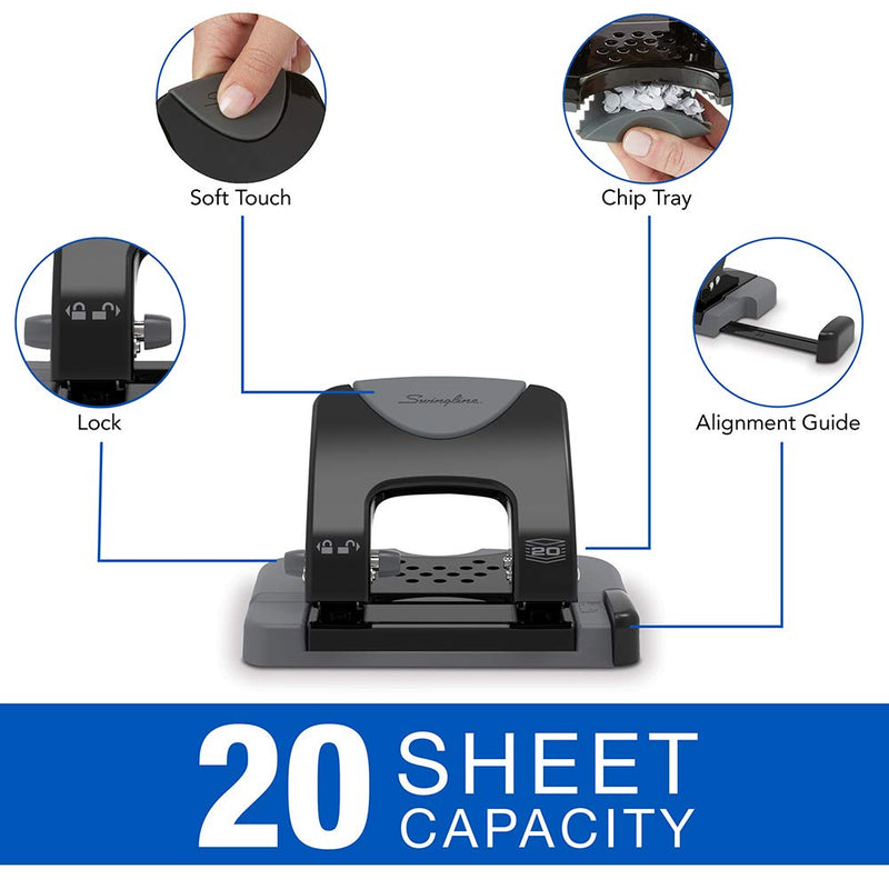 Swingline 2 Hole Punch, Hole Puncher, SmartTouch, 20 Sheet Punch Capacity, Low Force, Black/Gray (74135)