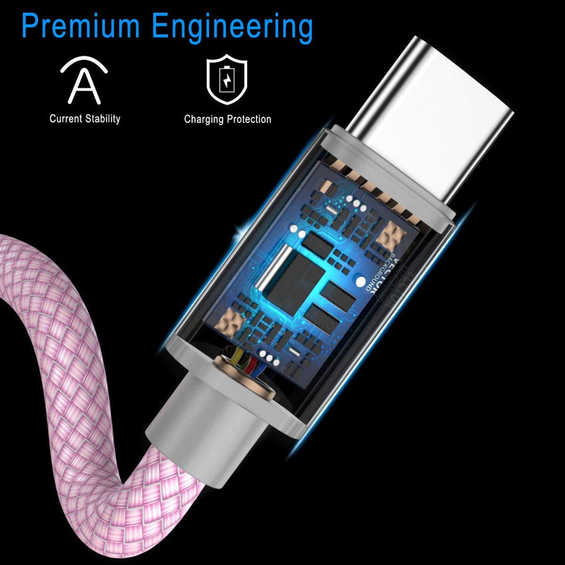 USB Type C Charger Cable 3-Pack (3.3/6.6/10 FT),Nylon Braided Charging Cord,Works with Samsung Galaxy Fold Note 9 8 S10 S9 S8 S10E 10 Plus,LG V50 V40 G8 G7 Thinq,Google Pixel 3 2 3a 4 XL,Moto Z4 Z3 Z2 Pink