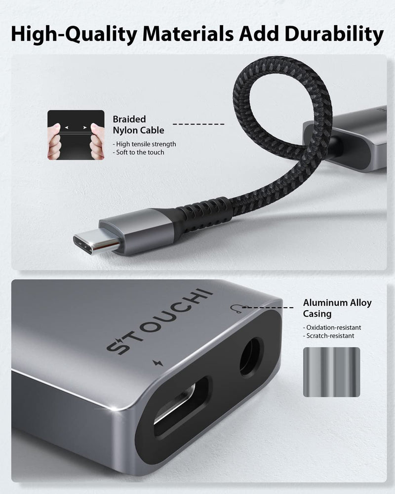 USB C to 3.5mm Headphone and Charger Adapter, Stouchi 2 in 1 USB C to Aux Audio Jack with 30W Fast Charging, Hi-Fi Dongle Compatible with New iPad Pro, Pixel 7/6A/6, Samsung Galaxy S22 S21 Note 20 Light Grey
