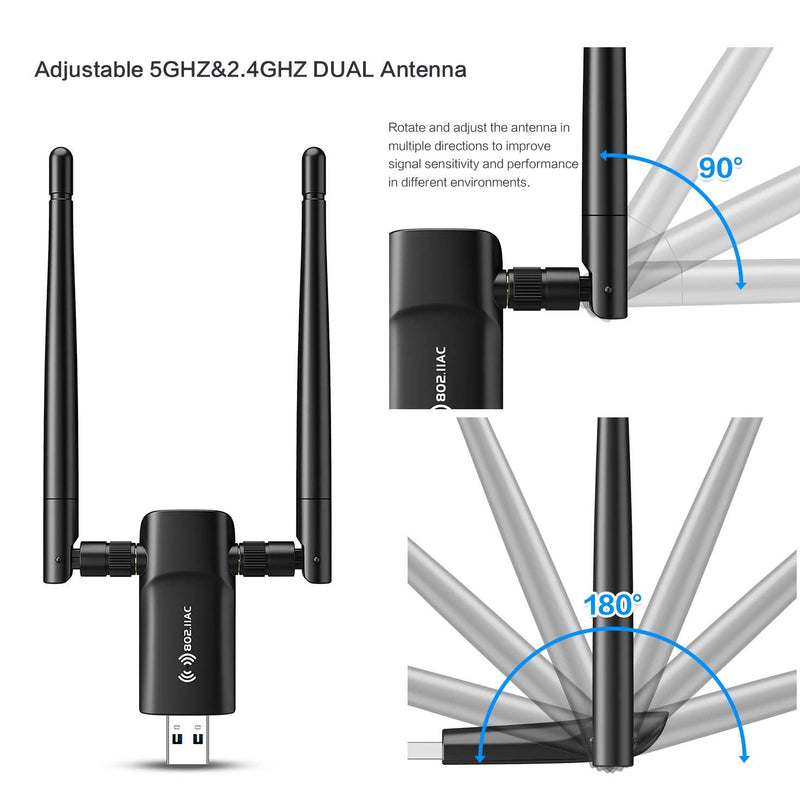 Wireless USB WiFi Adapter for PC - 802.11AC 1200Mbps Dual 5Dbi Antennas 5G/2.4G WiFi USB for PC Desktop Laptop MAC Windows 10/8/8.1/7/Vista/XP/Mac10.6/10.13, WiFi USB Computer Network Adapters