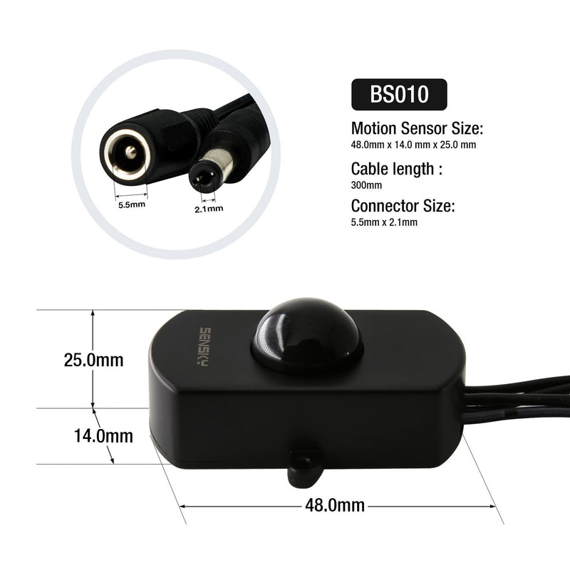 SENSKY BS010H DC 12V to 30V 3A Mini Pir Motion Sensor Switch,Occupancy Sensor Switch for Gun Safe, Kitchen Cabinet, Pantry, Closet led Lighting (Black-Without Light Sensor)