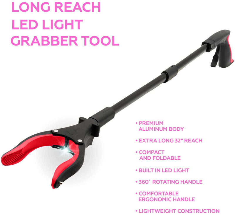 Grabber Reacher Tool 32" Aluminum Magnetic Claw with LED Light, Reacher Grabber Pickup Tool, Foldable Gripper Grabbers for Elderly Grab it Reaching Tool, Trash Grabbers Pickers, Red, by Luxet 2-Pack