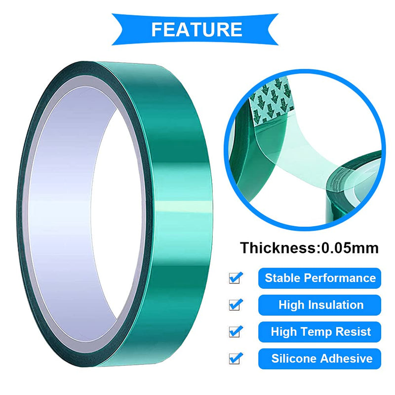 DAOKI 4 Rolls Polyester High Temp Tape Green PET Tape 8/12/20/25mm x 33m(108ft) Silicone Adhesive Tape for Masking, Circuit Boards with 2 Rolls 15mm x 10m(33ft) Teflon Tape 8mm,12mm,20mm,25mm