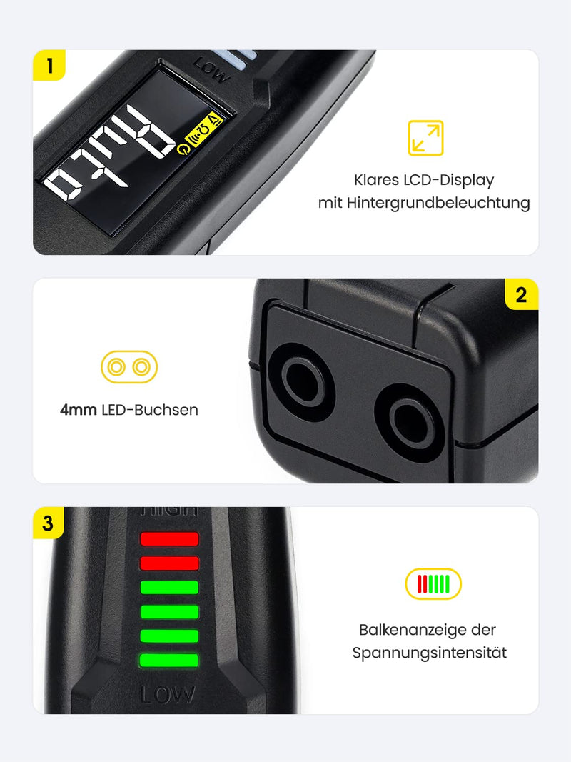 Smart multimeter digital/non-contact two-pole voltage tester, battery tester, continuity tester, phase tester, current tester, voltmeter, ammeter, rotating field measuring device for vehicles, household cars, KAIWEETS ST100