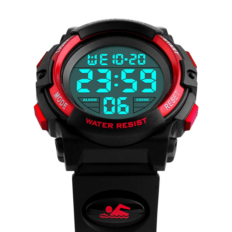 Kids Digital Watch Outdoor Sports 50M Waterproof Electronic Watches Alarm Clock 12/24 H Stopwatch Calendar Boy Girl Wristwatch Black Red