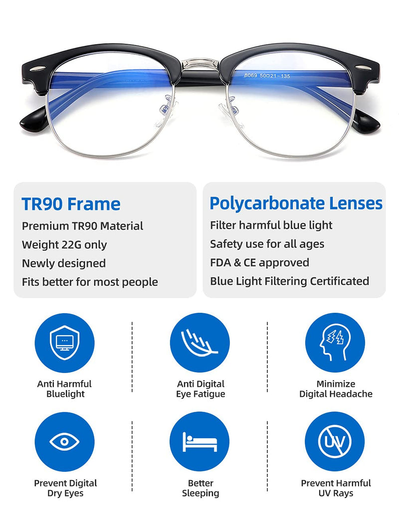 SOAR&EAGLE 3 Pack Blue Light Blocking Glasses,Computer Gaming Glasses,Retro Semi Rimless UV400 Clear Lens Computer Eyewear Bright Black Silver/Crystal Silver/Amber Gold