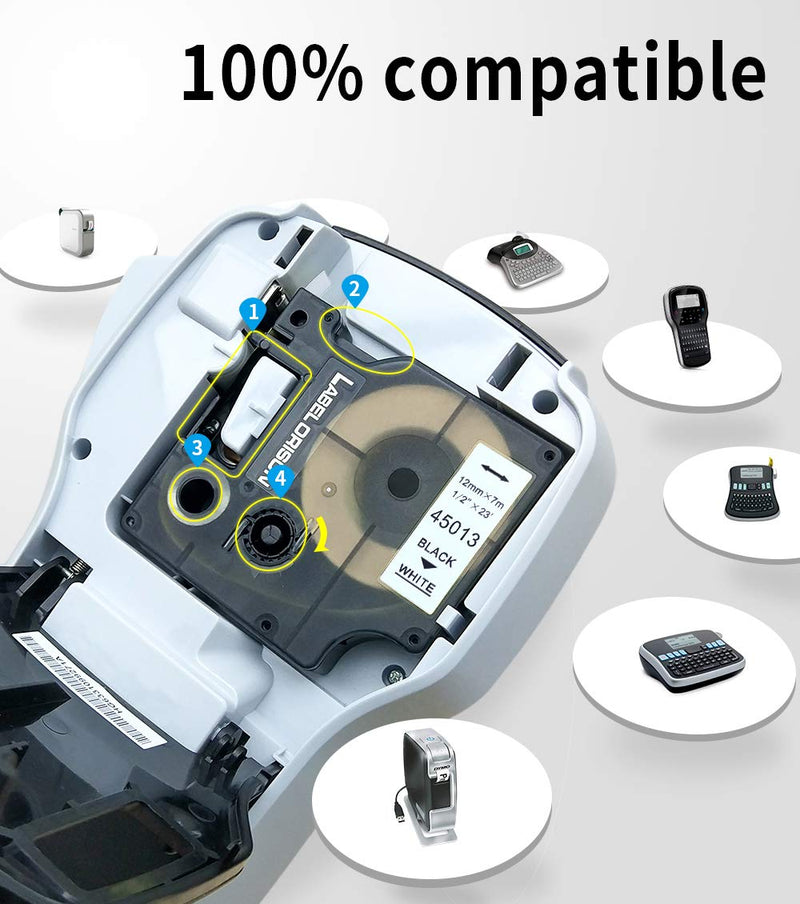 Label Orison Compatible with D1 Label Tape 12mm 45013 S0720530 Cassette for Dymo LabelManager 160 280 420P PnP 220P 360D 450 210D Label Printer,Black on White,1/2Inch x 23Feet(12mm x 7m),5 Cartridges 5