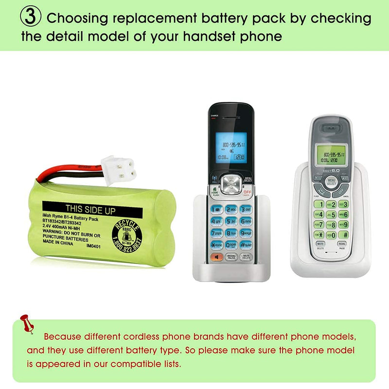 iMah BT183342/BT283342 2.4V 400mAh Ni-MH Battery Pack, Also Compatible with AT&T VTech Cordless Phone Batteries BT166342/BT266342 BT162342/BT262342 2SN-AAA40H-S-X2, Pack of 2