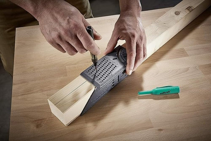 wolfcraft I 3D miter square I 5208000 I for processing three-dimensional workpieces I stops for 45° and 90° angles I can be used as a marking gauge for parallel lines