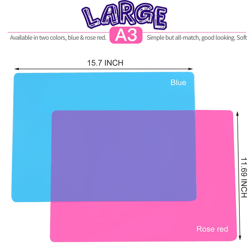 LEOBRO 2 Pack 15.7" x 11.7" Large Silicone Sheet for Crafts Jewelry Casting Mould Mat, Nonstick Heat Resistant Silicone Craft Mat, Placemat, Silicone Mats for Epoxy Resin Crafts, Clay, Blue & Rose Red