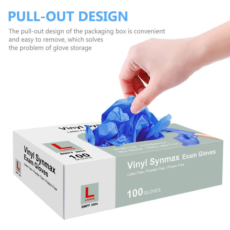 Disposable Gloves, 100Pcs Vinyl Gloves, Upgrade to Exam Blue Color, Powder Free, Latex Free, Kitchen and Food Safe - Ambidextrous (Large)