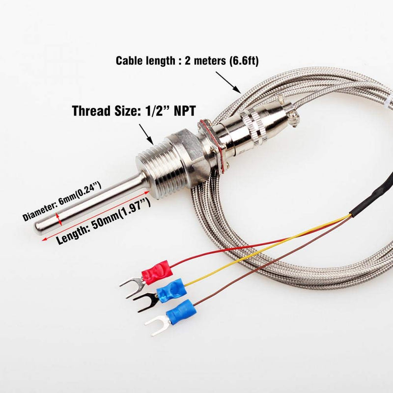 RTD PT100 Thermocouple Temperature Sensor Probe 1/2" NPT Thread Connector with 3 Wires 2M Cable, -58~572°F (-50~300°C)