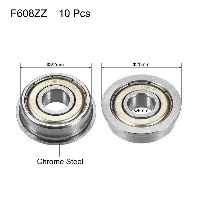 uxcell F608ZZ Flanged Ball Bearing 8x22x7mm Double Metal Shielded (GCr15) Chrome Steel Bearings 10pcs