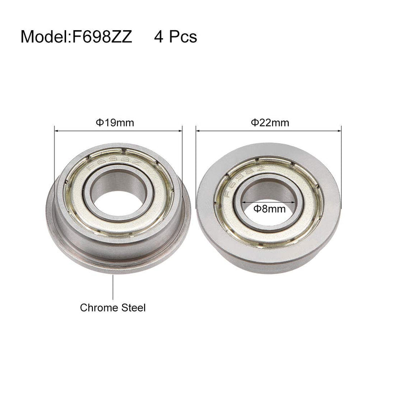 uxcell F698ZZ Flanged Ball Bearing 8x19x6mm Shielded Chrome Steel Bearings 4pcs