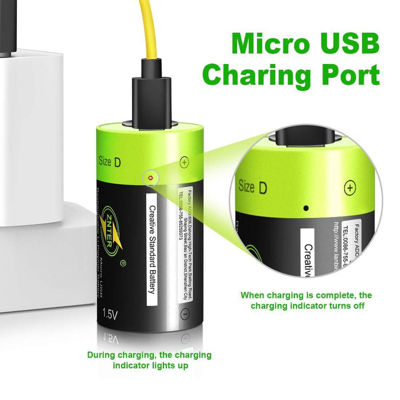 D Cell Batteries - USB Rechargeable Lithium D Batteries - 1.5V / 4000mAh (2-Pack) - Not NI-MH/NI-CD/Alkaline Batteries - ECO-Friendly & Recyclable - No Memory Effect D Cell 2 Pack