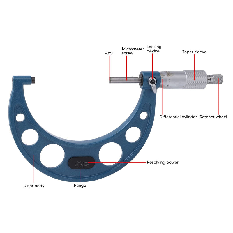 Micrometer Stable Portable Micrometer Thickness Gauge Alloy Surface Accurate Measurement (75-100/0.01mm) 75-100/0.01mm