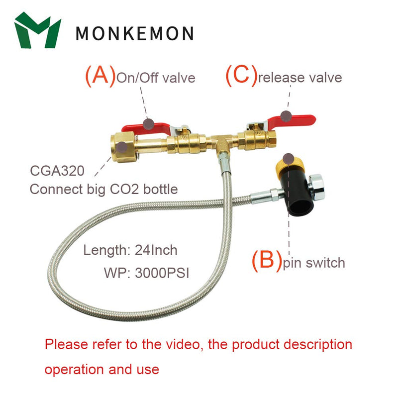 CGA320 G1/2 CO2 Cylinder Refill Adapter Hose, CO2 Refill Station Connector Kit for Filling Soda Maker Sodastream Tank(36inch Hose, Dual Valve With Gauge) (24 Inch) 24 Inch