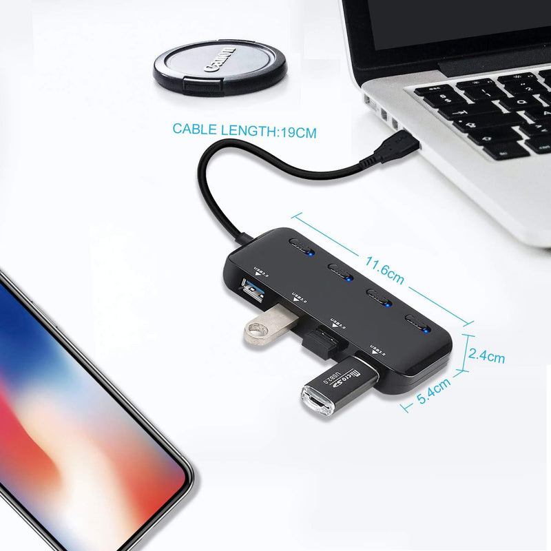 4-Port USB 3.0 Hub with Individual Power Switches and Lights, High-Speed Data Hub Splitter Portable USB Extension Hub for PC Laptop and More (No Power Adapter)