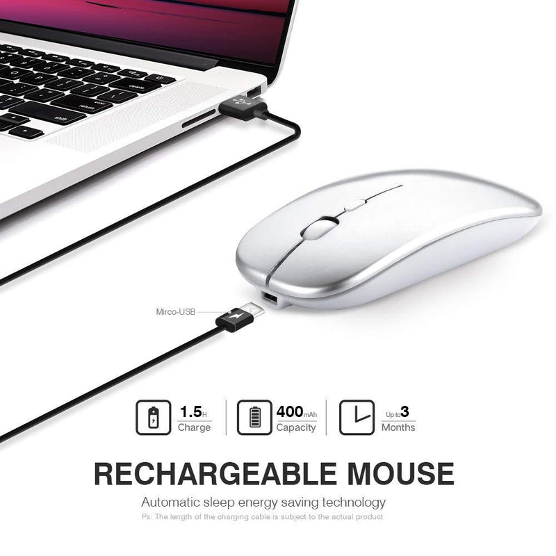 Wireless Mouse,Rechargeale & Noiseless, Inphic Ultra Slim USB 2.4G PC Computer Laptop Cordless Mice with USB Nano Receiver, 1600 DPI Travel Mouse for Office Windows Mac Linux MacBook, Silver
