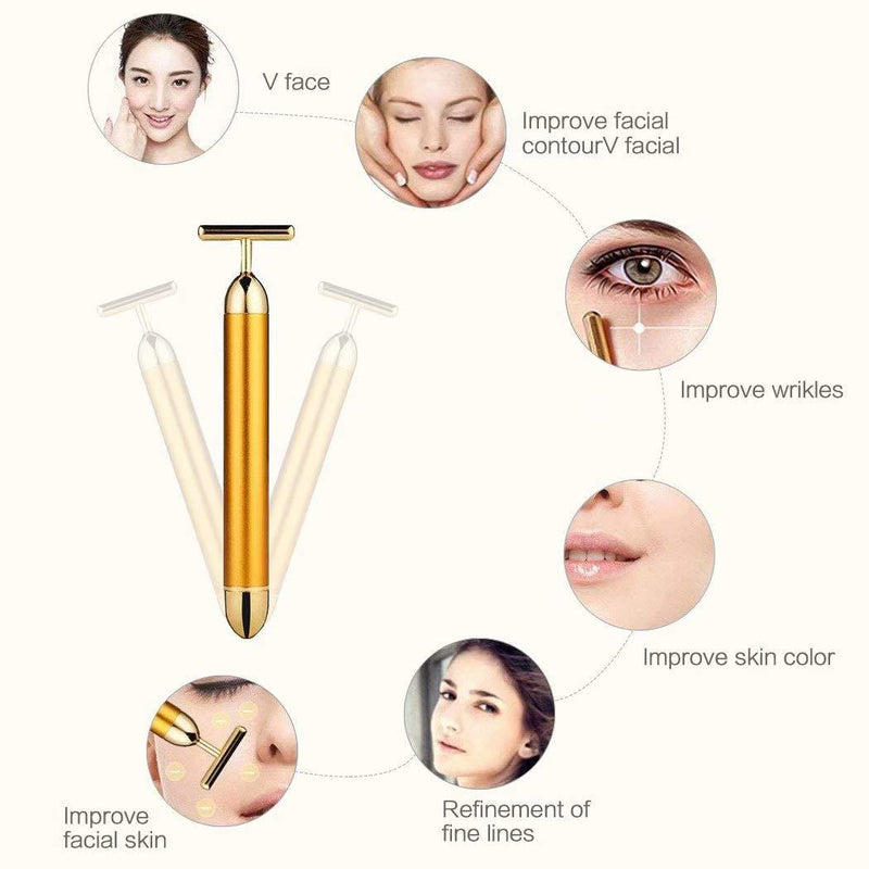 GOODYBUY Beauty Bar 24k Gold Skin Care Face Massager Roller, 2 in 1 Electric 3D Roller and T Shape Energy Beauty Bar for Face Lift and Skin Tightening