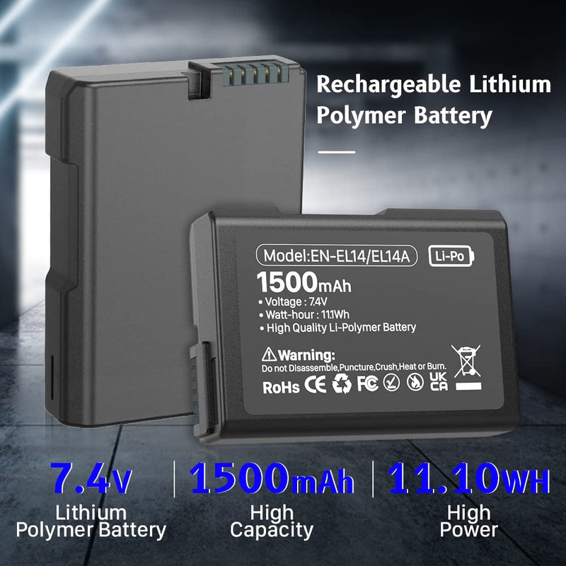 KOOAQQ EN-EL14/EL14A Camera Battery 7.4V 1500mAh Rechargeable Batteries for D3200,D3400,D3500,D3300,D3100,D5100,D5200,D5500,D5600,D5300,3200,3100,Grip etc Digital Camera Replacement Batteries-2 Pack 2 Pack battery