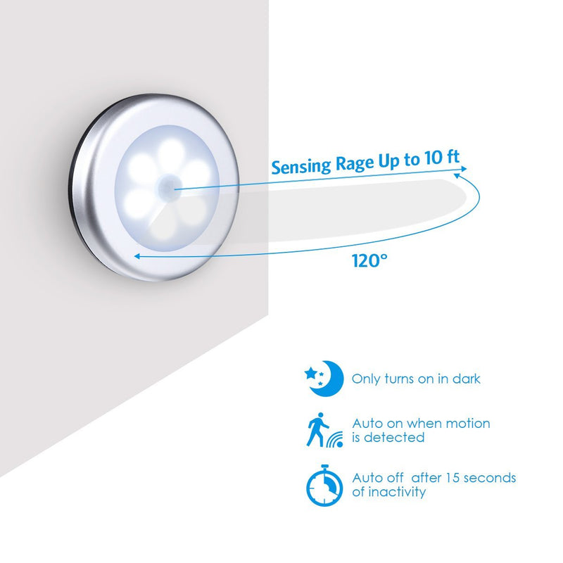 AMIR Motion Sensor Light, Cordless Battery-Powered LED Night Light, Stick-anywhere Closet Lights Stair Lights, Puck Lights, Safe Lights for Hallway, Bathroom, Bedroom, Kitchen (White - Pack of 6) Silver