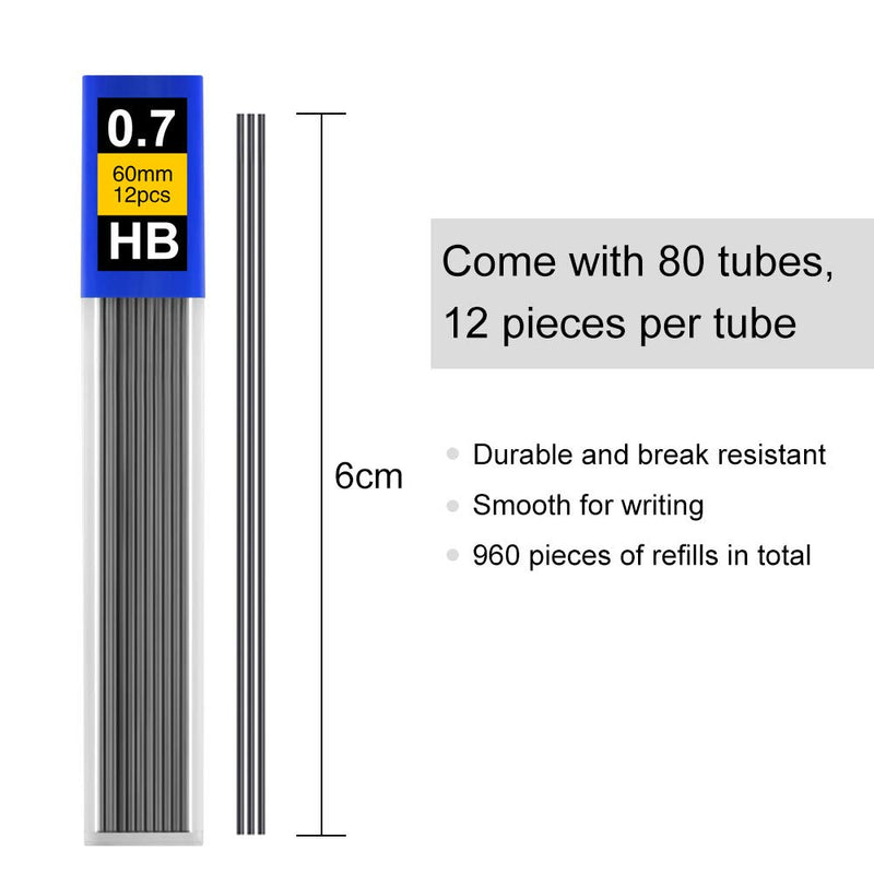 Coopay 960 Pieces Lead Refills 0.7 mm HB Break Resistant Mechanical Pencil Refills, 12 Pack Per Tube, 80 Tubes(0.7 mm)