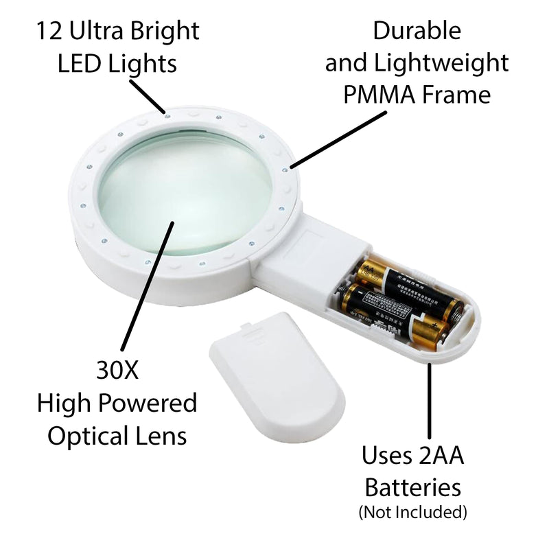 Pineapple LLC Magnifying Glass with Light, 30X Handheld Large Magnifying Glass, Lighted Magnifier with 12 LED Lights for Reading, Macular Degeneration, Seniors, Gifts for Elderly, White