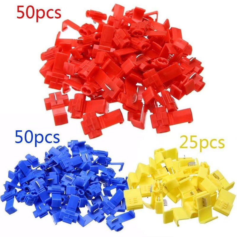 Larlansz 125 Solderless Quick Splice Snap Wire Connector, 50 pcs red 22 Through 18 Gauge,50 pcs Blue 16 Through 14 Gauge,25 pcs Yellow 12 Through 10 Gauge