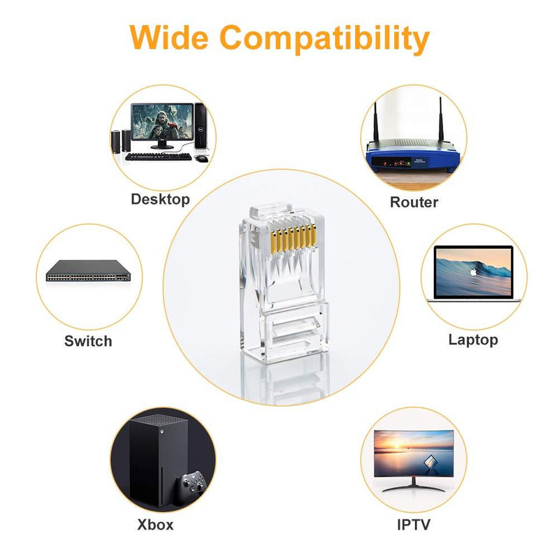 Cat6 RJ45 Ends, CableCreation 100-PACK Cat6 Connector, Cat6 / Cat5e RJ45 Connector, Ethernet Cable Crimp Connectors UTP Network Plug for Solid Wire and Standard Cable, Transparent 100PCS