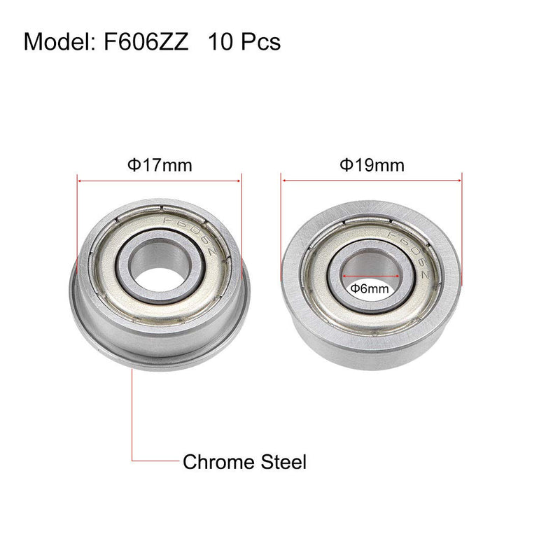 uxcell F606ZZ Flanged Ball Bearing 6mmx17mmx6mm Double Shielded Chrome Steel Deep Groove Bearings 10pcs 6x17x6mm