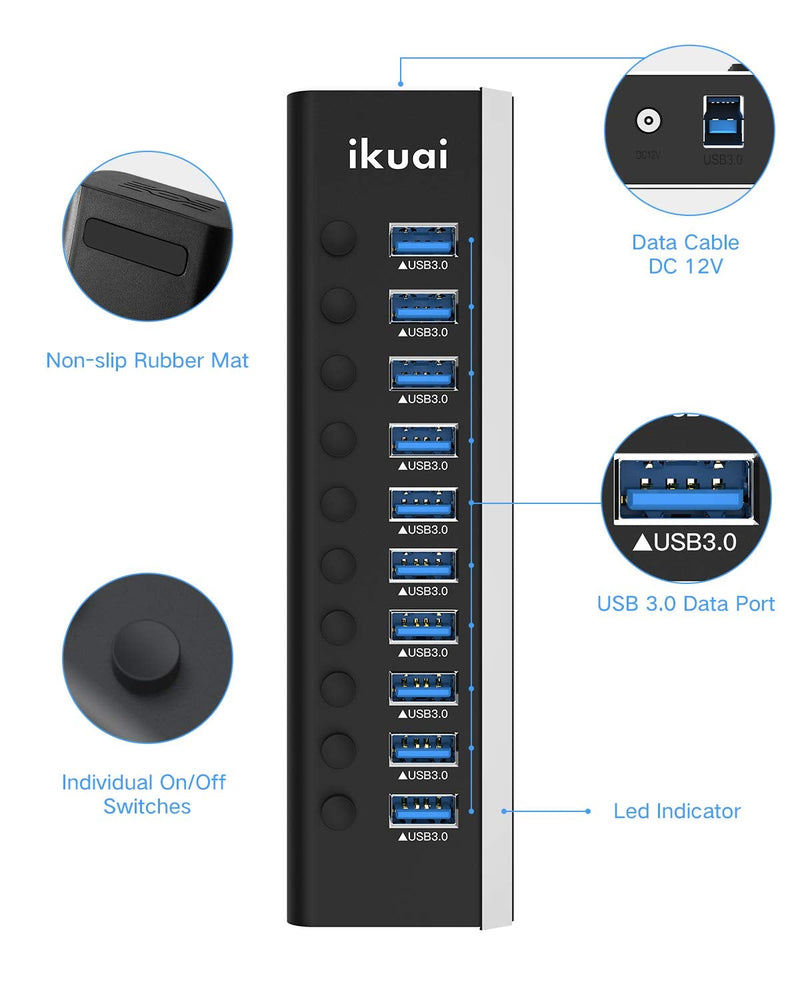 Powered USB Hub 3.0 ikuai Aluminum 10 Port USB 3.0 Data Hub Splitter with 12V/3A 36W Power Adapter and Individual On/Off Switches for Desktop PC Laptop and More