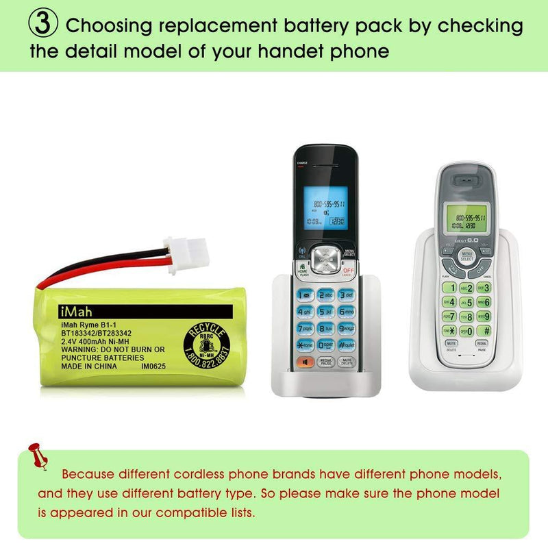 iMah BT183342/BT283342 2.4V 400mAh Ni-MH Battery Pack, Also Compatible with AT&T VTech Cordless Phone Batteries BT166342/BT266342 BT162342/BT262342 CS6709 CS6609 CS6409 BL102-3 EL52100 EL50003, 2-Pack