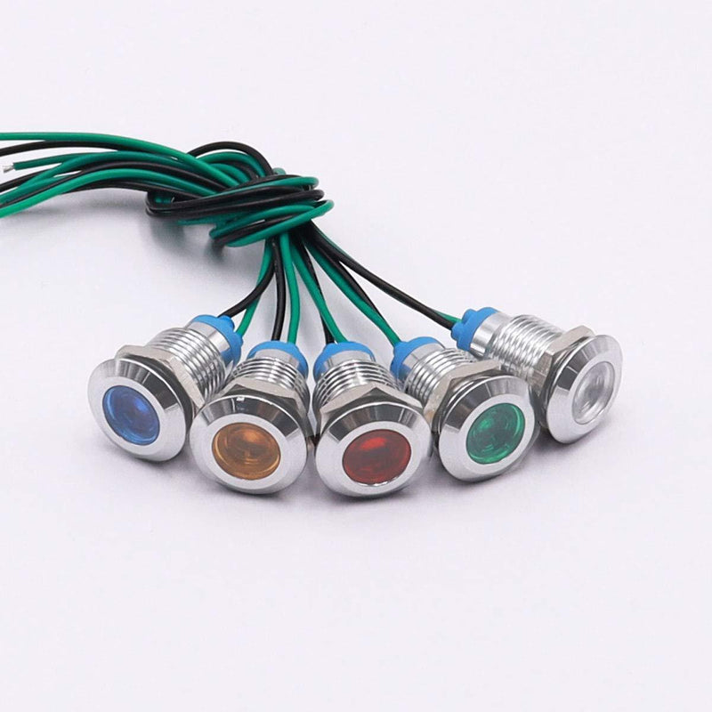 mxuteuk 5 Pcs 110V-220V 12mm 1/2" LED Metal Indicator Light Waterproof Signal Lamp Red Yellow Blue Green White with Wire for Car Truck Boat DQ12P-110V Red+ Yellow+Blue+Green+ White