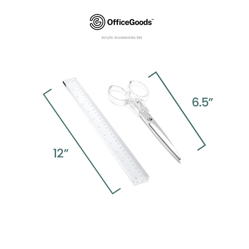 Acrylic Accessories Set - Office Desk Silver Modern Accessories Include Staple Remover, 6.5" Scissors & 12" Ruler for Home or Work