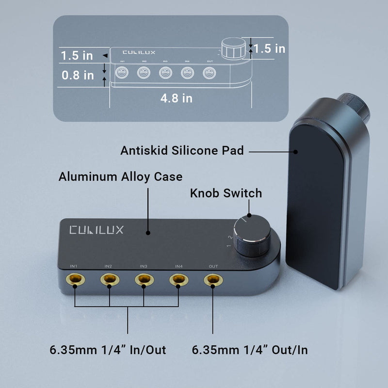 Cubilux Bidirectional 4-Channel 6.35mm Audio Selector, 1x TRS to 4X TRS Stereo 4-Port 1/4” Quarter Inch AUX Switch Box for Speaker, Headphones, Subwoofer, Home Audio System, Mixer, Amplifier Black, Signal Selector