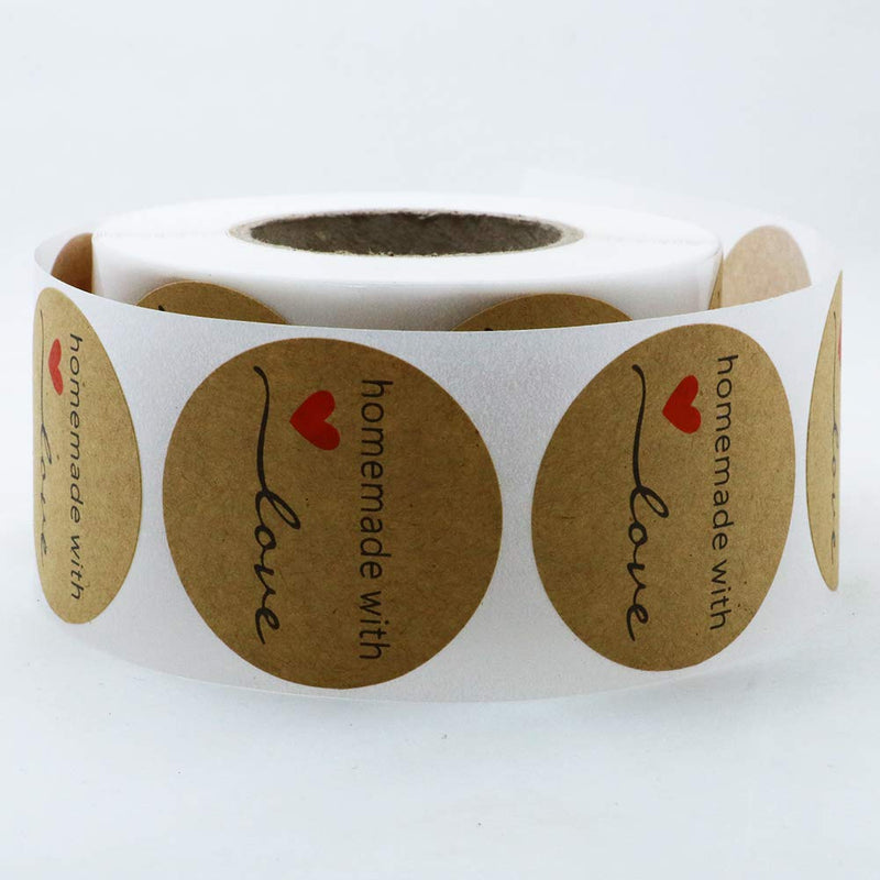 Hybsk Kraft Homemade with Love Stickers 1.5" Inch Round Total 500 Adhesive Labels Per Roll (Kraft)