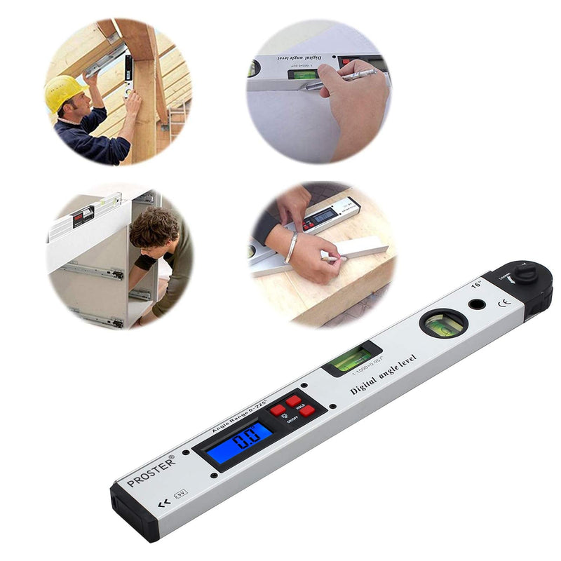 Proster 0-225° Digital Angle Finder LCD Protractor Angle Gauges Spirit Level 400mm/16 inch Vertical Horizontal Dual Spirit Level for Carpenter Woodworking Home Decoration white