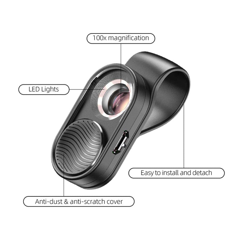 Apexel 100X Phone Microscope Mini Pocket Microscope for iPhone HD Optical Lens/Magnifying LED Light/Universal Clip Design The Best Choice to Enjoy Macrworld for Kids and Adults Black1 100 x