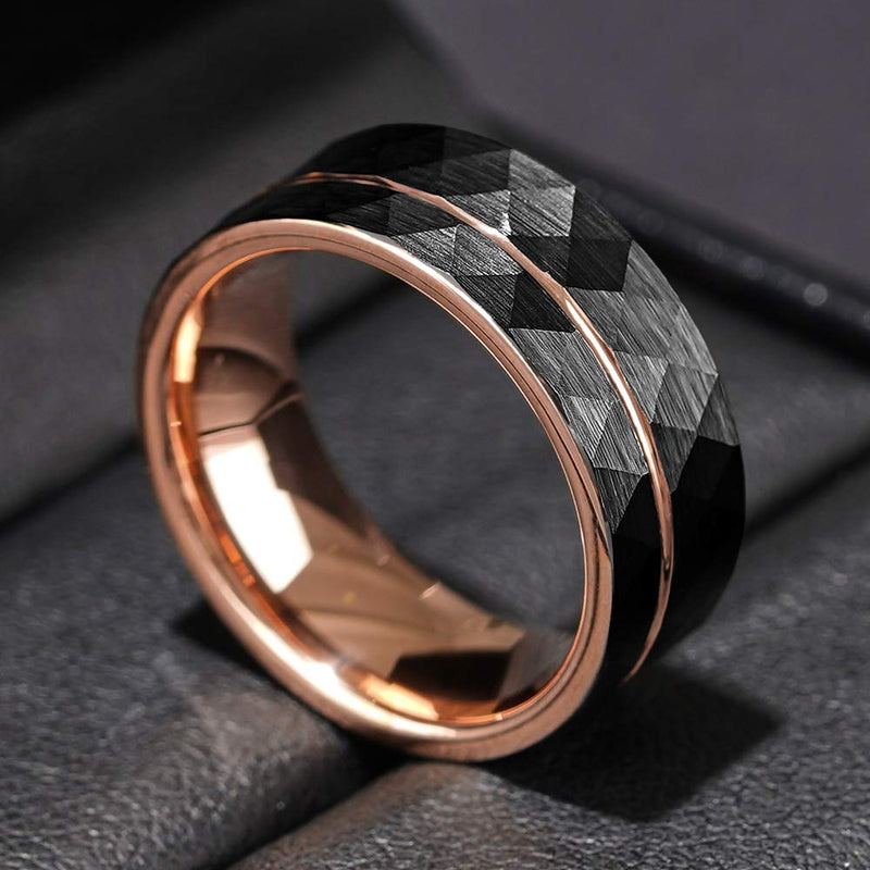 THREE KEYS JEWELRY Mens Womens Black Tungsten Rings 4mm 6mm 8mm Hammered Facet Silver Brushed with Rose Gold Stripe Wedding Bands 8mm Black & Rose Gold 8.5