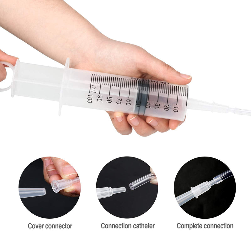 Pack of 2 syringes 100 ml plastic syringe with hose dosing syringe with adapter syringe for motor oil, garden, liquid, animal feeding (2 pieces 100 ml)